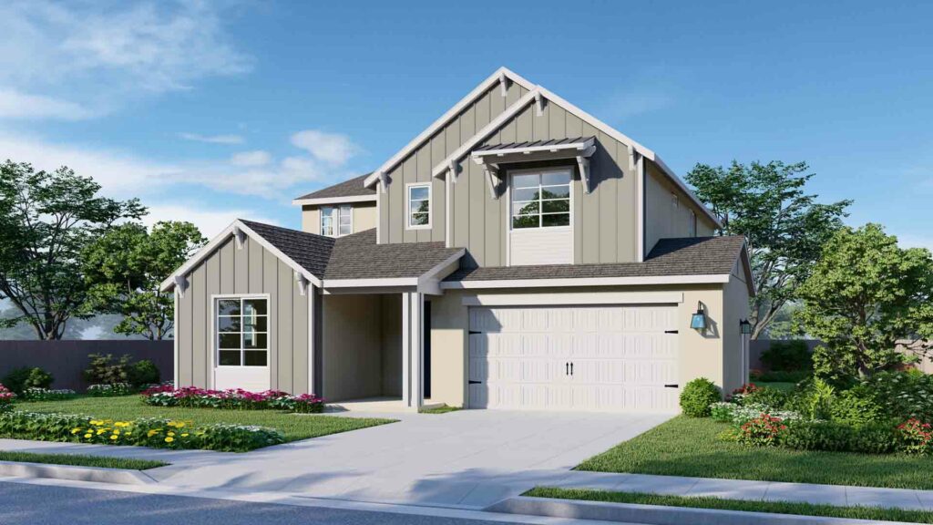 All Elise elevations are two-story homes. The Modern Farmhouse elevation feautres trim and details that give it a welcoming farmhouse look. The model pictured has light gray vertical siding on both the lower and upper floors, with white trim. The garage door is white and has paneling and metal accents that give it an elevated look.