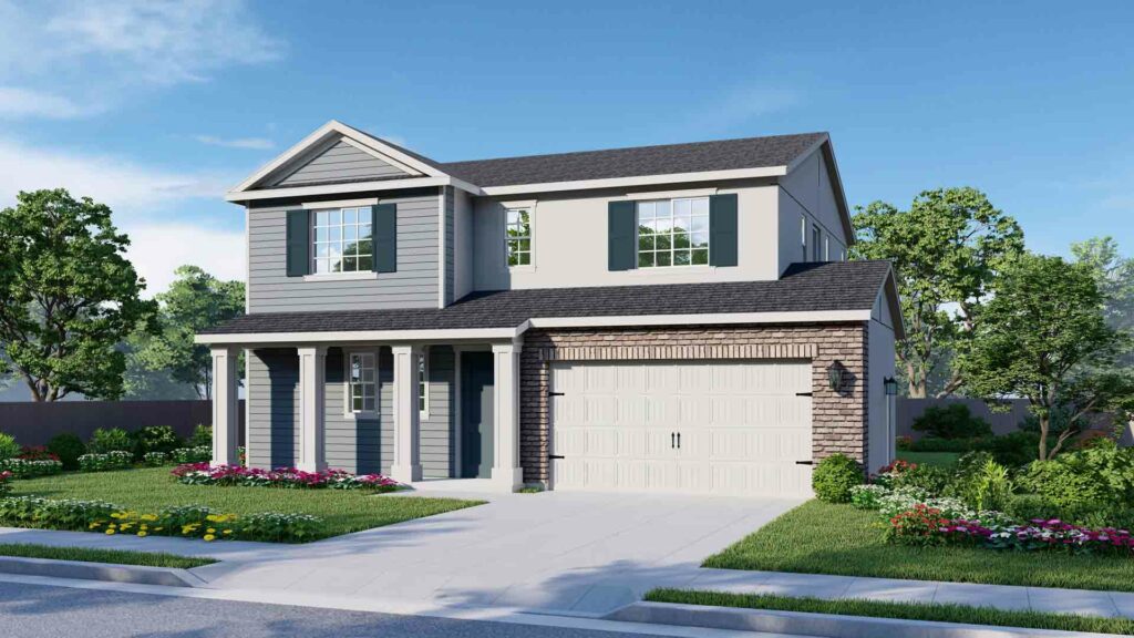 All Monreau elevations are two-story homes. The American Traditional elevation is the only one with exterior shutters on the front windows. The model featured has a gray roof and white trim, with gray horizontal siding on the on one side of both floors. Large windows on the second floor are framed by dark shutters. The first floor features brown brick framing the garage door. The garage door is cream-colored with paneling and metal accents that give it an elevated look.