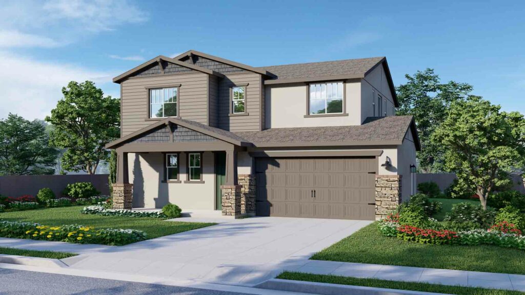 All Monreau elevations are two-story homes. The Craftsman elevation features roof detailing that is typical of craftsman-style homes. The model pictured has gray-brown horizontal siding on both the first and second floors. The trim and garage door are also gray-brown. The gable ends have dark brown wooden shingles. The first floor has decorative stone on the bottom half of the wall. The garage door has paneling and metal accents that give it an elevated look.